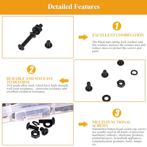 565 Pieces M2.5 Screws Nuts Washers Set Black, Sutemribor M2.5 x 4/6/8/10/12/16/20mm Button Head Socket Cap Screws Nuts Washers Assortment Kit, 10.9 Grade Alloy Steel, Fully Threaded - size: M2.5, style: Button Head Socket Cap