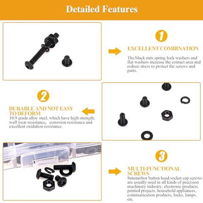 565 Pieces M2.5 Screws Nuts Washers Set Black, Sutemribor M2.5 x 4/6/8/10/12/16/20mm Button Head Socket Cap Screws Nuts Washers Assortment Kit, 10.9 Grade Alloy Steel, Fully Threaded - size: M2.5, style: Button Head Socket Cap