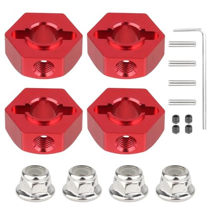 12mm Wheel Hex Hubs 5mm Axle Hole, Drive Adapter Set w/ M4 Flange Lock Nuts for 1/10 1/12 RC Car Truck Buggy, Compatible with Traxxas Tamiya Redcat Axial (Red) - color: Red