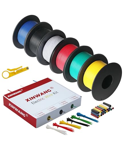 XINWANG 28AWG Silicone Wire, 6 Colors, 65.62FT Each | 28AWG stranded tinned copper wire, silicone insulation (OD:1.3mm); 6-color kit, 65.6FT ea.; electronics, LED, breadboard - size: 28AWG (0.08 mm² / 20 M) - Silicone