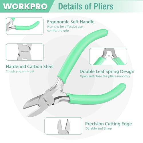 WORKPRO Jewelry Pliers Set, 3-Piece Mini Jewelry Tool Kit | Needle Nose Plier/Chain Nose Plier, Round Nose Pliers & Wire Cutter for Jewelry Making, Beading & Wire Wrapping - color: Light Purple, Light Green, Orange