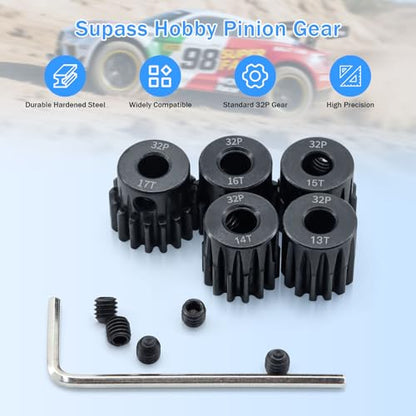 32P Metal Steel Gear Set 5mm Hole 13T 14T 15T 16T 17T Gear with Hex Key Screwdriver Hardened Motor Pinion Gear for Traxxas Arrma HSP HPI AXIAL Tamiya Losi 1/8 RC Car(5Pack) - size: 13T 14T 15T 16T 17T