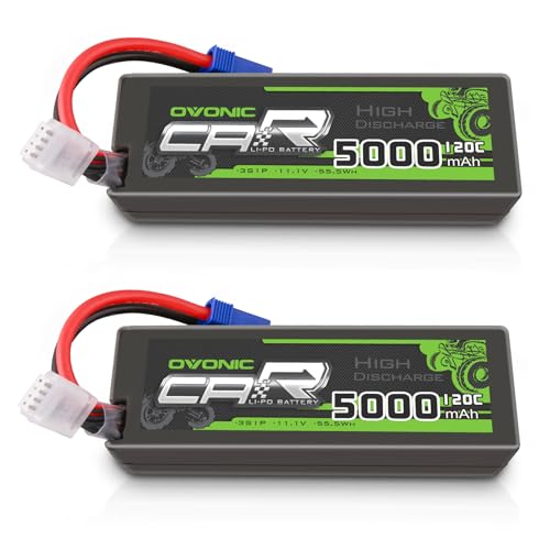 OVONIC 11.1V 120C 5000mAh 3S Lipo Battery Hard Case with EC5 Plug for RC Car RC Helicopter RC Truck RC Truggy Airplane Quadcopter UAV Drone FPV (2 Packs)