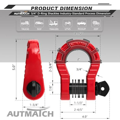 AUTMATCH D Ring Shackles 3/4" Mega Shackle (2 Pack) 68,000Ibs Break Strength - Heavy Duty Clevis Shackle 7/8" Screw Pin & Isolator Washer for Tow Strap Winch Off Road Vehicle Recovery, Red & Black - color: Red & Black