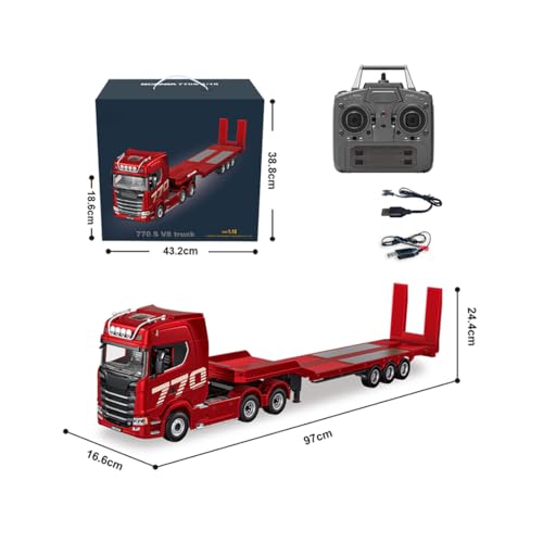 1/18 Scale 770S 6x4 RC Tractor Truck with Flatbed Trailer | Heavy Duty Semi Truck with 2.4GHz Remote Control, LED Lights, Sound Effects - color: Red