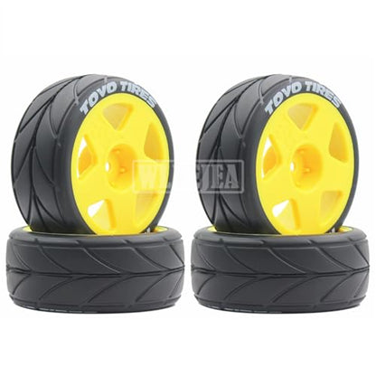 4PCS RC 1/10 On-Road Tires 65mm RC Rubber Tires w/Plastic Wheel Rim 12mm Hex Fit for 1/10 RC On-Road Rally Car HPI Tamiya TT01 TT02 Kyosho Wltoys 144001 - color: Yellow 2