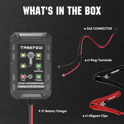 6V/12V 1.5A Automatic Battery Charger,Smart Battery Charger with Overcharge Protection,Trickle Charger Maintainer for Cars,Motorcycle,Lead-Acid&Lithium(LiFePO4) Deep Cycle Batteries