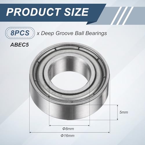 uxcell 8Pcs 688ZZ 8mmx16mmx5mm Deep Groove Ball Bearings, Double Metal Shielded Bearing Steel ABEC5 High Performance for Industrial Machinery Precision Transmission, Silver - size: 688ZZ 8mmx16mmx5mm