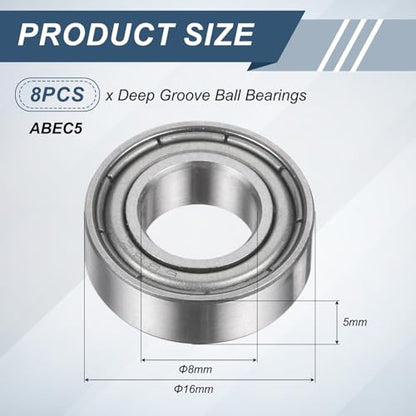 uxcell 8Pcs 688ZZ 8mmx16mmx5mm Deep Groove Ball Bearings, Double Metal Shielded Bearing Steel ABEC5 High Performance for Industrial Machinery Precision Transmission, Silver - size: 688ZZ 8mmx16mmx5mm