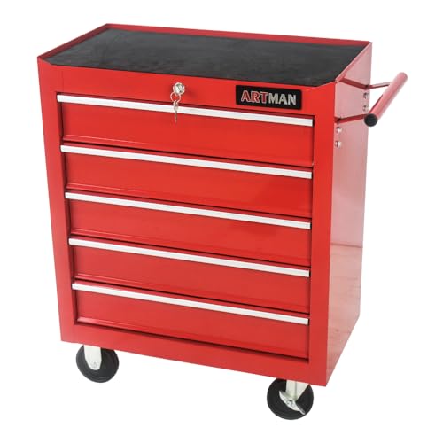 5-Drawer Lockable Tool Chest - Ball-Bearing Slides, 4 Casters (2 with Brakes) & Side Pull Handle, RED