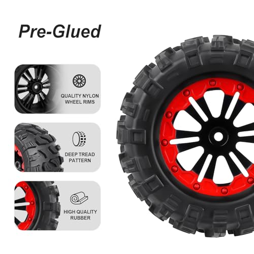 HobbyPark PreGlued 12mm Hex RC Truck Wheels and Tires Set Complete for 1/10 Traxxas Hoss 4x4 Stampede 2wd VXL Redcat Volcano EPX Pro 2s 3s 4s Lipo Brushless Systems
