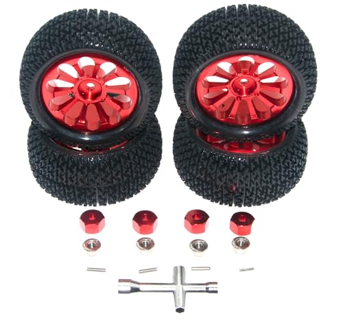 Wheel Rim Tire Compatible with 1/14 1/16 MJX Hyper Go Wltoys Upgrade 16207 16208 14210 Rc Car Aluminum Alloy 12mm Hex Adapter Part(Red) - color: Red