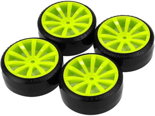 Hard Plastic 63mm Drift Car Tyres 12mm Wheels for 1/10th Scale HSP Tamiya HPI Kyosho TT02 Road Drift Car Hard Tyre Replacement, Set of 4 (Green) - color: Green