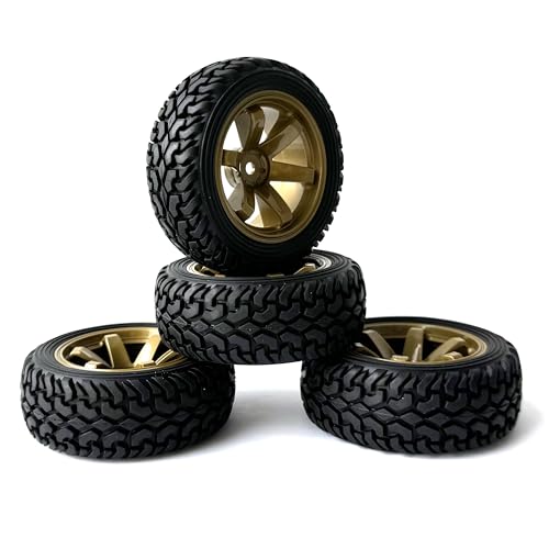 4PCS 75mm Rubber Tires and 6Spokes Plastic Wheel Rims Tyre for 1/10 RC On-Road Drift Racing Car 1:14 1:16 Rally Car for Tamiya Kyosho HPI HSP TT02 Upgrades Parts (Gold) - color: Gold