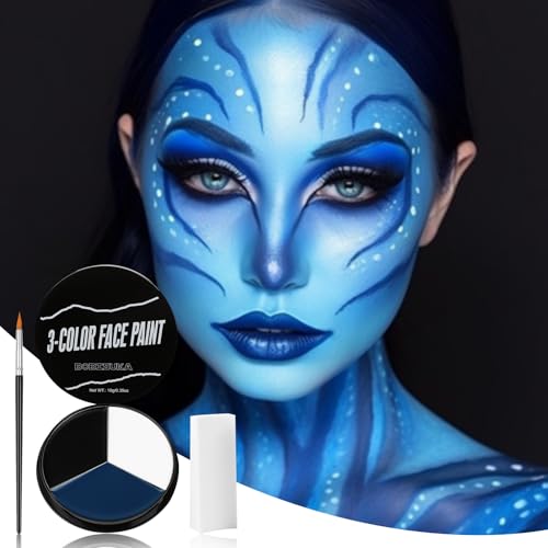 White Black Blue Face Paint + 3PC Sponge + Brush Body Paint Set, Eye Black for Baseball Softball Sport Games, Face Painting Kit for Halloween Makeup, Cosplay, Costume, SFX Makeup, Theme Parties - color: AVATAR