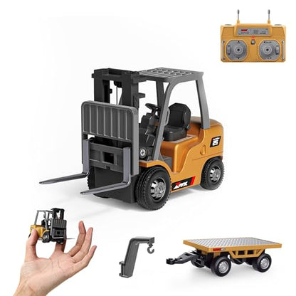 1/64 Full Proportional RC Forklift Toy,8 Channel 2 Mode Mini Remote Control Forklift Truck with Flatbed Tow Truck,2 in 1 Transformable Lift Fork & Hook with Rechargeable Battery for 4+ Kids - style: Full Proportion Forklift