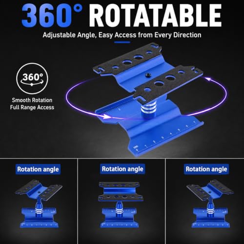 RC Car Repair Stand for 1/18 1/24 RC Cars, Aluminum Rotating Lift | Aluminum alloy, 360 degree rotating lift with magnetic pad, scale ruler, shock holes and anti-slip feet - color: Blue