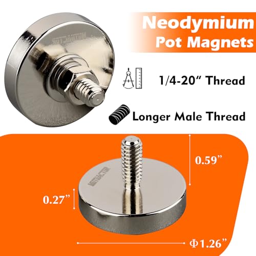MUTUACTOR Neodymium Cup Magnets,1/4-20” Male Threaded Powerful Rare Earth Magnets,115lbs Anti-Broken Heavy Duty Magnets with Bolts Nuts for Camera Mount LED Lightings Outdoor Brackets,8PCS - style: 115 lbs 1/4-20" Male L 8pcs