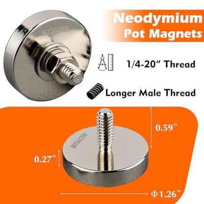 MUTUACTOR Neodymium Cup Magnets,1/4-20” Male Threaded Powerful Rare Earth Magnets,115lbs Anti-Broken Heavy Duty Magnets with Bolts Nuts for Camera Mount LED Lightings Outdoor Brackets,8PCS - style: 115 lbs 1/4-20" Male L 8pcs