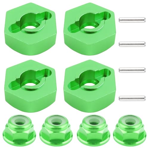 12mm Wheel Hex Hubs Drive Adapter 5mm Thick & Flange M4 Lock Nuts Aluminum for Redcat Axial HSP WLtoys Himoto RC Truck Model Car Upgrade Parts (Green) - color: Green