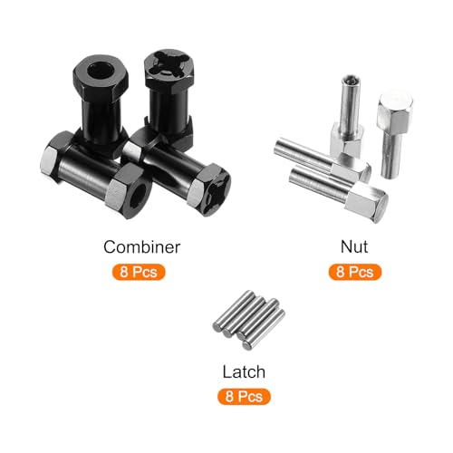 MECCANIXITY 8pcs 12mm Wheel Hex Drive Hubs Adapter Combiner Coupler Black | 25mm Extension, Aluminum, with Nut Latch, for 1/10 RC Crawler Car Parts