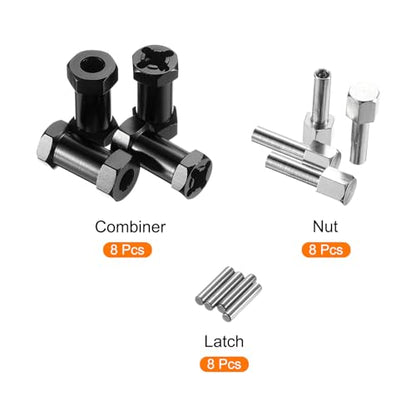 MECCANIXITY 8pcs 12mm Wheel Hex Drive Hubs Adapter Combiner Coupler Black | 25mm Extension, Aluminum, with Nut Latch, for 1/10 RC Crawler Car Parts