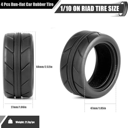 RC 1/10 On Road Tires 4Pcs Soft Rubber Tire Tyre Compatible with Traxxas 4 Tec 2.0 Tamiya TT01 XV01 Kyosho WR8 Sakura WLtoys HPI HSP 1:10 RC Scale Touring On Road Racing Car Wheel Rims
