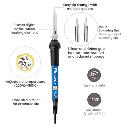 Soldering Iron Kit, 60W Adjustable Temperature 15-in-1, Solder Wire, 2 pcs Tips, Wire Cutter, Desoldering Pump, Tweezers, Fast Heating for Desoldering Electronics Repair Hobby DIY 120V US Plug