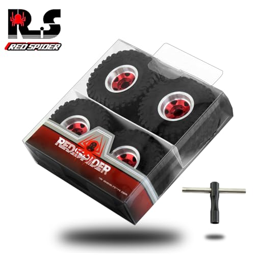 REDSPIDER 1.0 Beadlock Wheels and Tires（4pcs）， 1.0 Crawler Tires for 1：24 1:18 RC Scale Rock Crawler Car SCX24 FMS FCX24 TRX4M Axial AX24 90081 Gladiator Bronco C10 ﻿ (Red) - color: Red