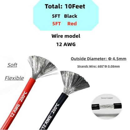 12 AWG Gauge Silicone Wire Electrical Cable（5ft red &5ft Black） Soft & Flexible 0.08 mm Tinned Copper core High Temperature Resistant Silicone Wire for Arduino Projects, RC Cars, Boat, Drones - size: 5ft Red+5ft Black ﻿, style: 12 AWG