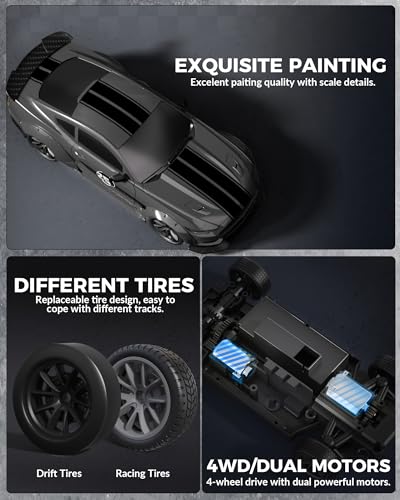 Mustang RC Car, 1:20 Remote Control Cars for Boys Kids | LED Lights, 2.4GHz, 4WD, Drifting Tires, 2 Batteries, Roadblock, Racing Sports Gift Idea - color: Gray