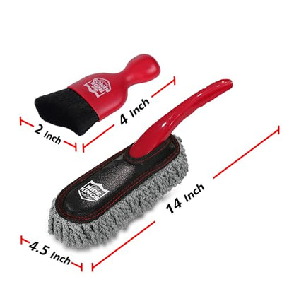 Car Interior Detailing Kit - 2 Red Dusters, Brush | Electrostatic sweep for dash. Cleans vents & narrow gaps scratch-free. Perfect auto care gift box for vehicles. - color: Red