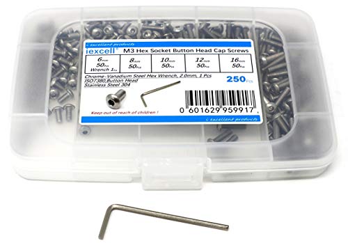 iexcell 250 Pcs M3 x 6/8/10/12/16 Stainless Steel 304 Hex Socket Button Head Cap Screws Bolts Assortment Kit - size: M3 x 6/8/10/12/16mm