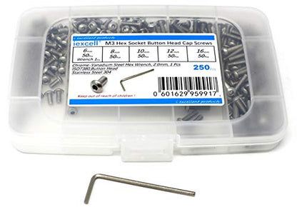 iexcell 250 Pcs M3 x 6/8/10/12/16 Stainless Steel 304 Hex Socket Button Head Cap Screws Bolts Assortment Kit - size: M3 x 6/8/10/12/16mm