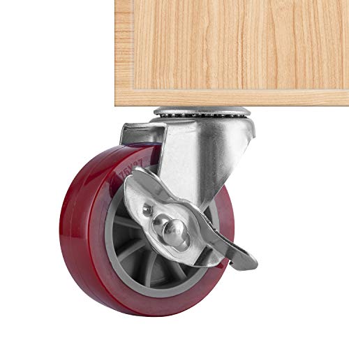 2 Inch Swivel Caster Wheels Set of 4, Locking Casters Heavy Duty Total Capacity 200lbs, Metric M8-1.25×25mm Threaded Stem PU Castors with Brake - color: Deep Red, size: 2 inch