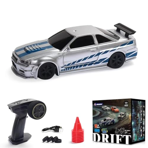 1/43 Scale RC Drift Car, 2.4GHz Full Proportional Mini Racing Car with Lights, 4WD Electric RTR Remote Control Car, Includes Drift & Racing Tires, Traffic Cones, USB Charger,（GyroBlue Silver） - color: Blue Silver, size: Gyro Version