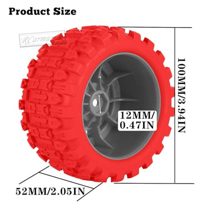 100 * 52MM 1/16 RC Monster Truck Tires 12mm Hex Adapters All-Terrain Traction Tires fit for Mini Maxx/Mini XRT, MJX 16207/16208/16209/16210,HSP 94186,E-Revo,L0S1,1/18 Mini LMT,Red&Grey - color: Red&Grey(4pcs)