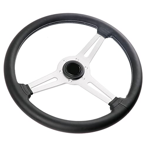 14 inch Genuine Leather 6 bolt Steering Wheel with Silver Spokes | Flat Drift Racing Steering Wheel White Stitching - color: 5126H-Silver