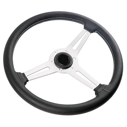 14 inch Genuine Leather 6 bolt Steering Wheel with Silver Spokes | Flat Drift Racing Steering Wheel White Stitching - color: 5126H-Silver