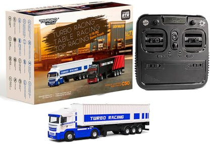 FLYCOLOR Turbo Racing 1:76 C50 RTR Tractor Remote Control Truck Four-Wheel Drive Simulated Headlights 10CH Minicar Model(White-Blue) - color: White-truck
