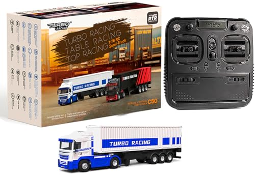 FLYCOLOR Turbo Racing 1:76 C50 RTR Tractor Remote Control Truck Four-Wheel Drive Simulated Headlights 10CH Minicar Model(White-Blue) - color: White-truck