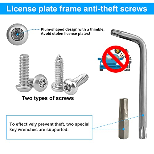 YALOK Anti Theft License Plate Screws, M6 Mounting Kit, Silver | 1/4x3/4 Inch, front/rear tag frames, caps/washers/nuts, tool bit, rattle pads, stainless hardware, automotive accessories