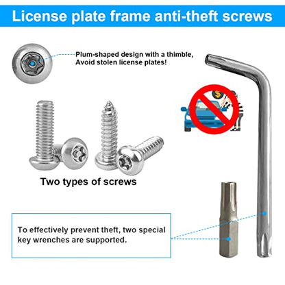 YALOK Anti Theft License Plate Screws, M6 Mounting Kit, Silver | 1/4x3/4 Inch, front/rear tag frames, caps/washers/nuts, tool bit, rattle pads, stainless hardware, automotive accessories