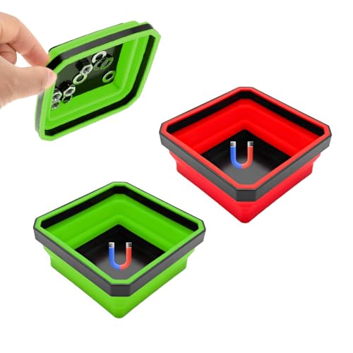 2PCS Collapsible Magnetic Parts Tray, 4.5" Square Silicone Tool Tray with Double-Sided Magnetic Base, Foldable Bowls Small Metal Parts Holder for Screws Bolts Nuts Washers(Green+Red) - color: Green+Red, size: 2PCS