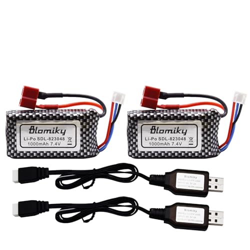 Blomiky 2 Pack 7.4V 2S 30C 1000mAh 7.4Wh Lipo Battery T Plug Suitable for Haiboxing 18859E 18858 16890A and XLH Q903 RC Trucks / Q903 Battery and USB