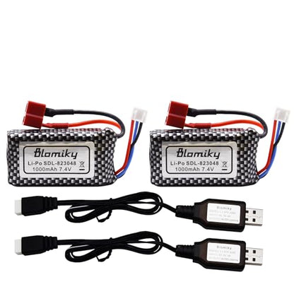 Blomiky 2 Pack 7.4V 2S 30C 1000mAh 7.4Wh Lipo Battery T Plug Suitable for Haiboxing 18859E 18858 16890A and XLH Q903 RC Trucks / Q903 Battery and USB