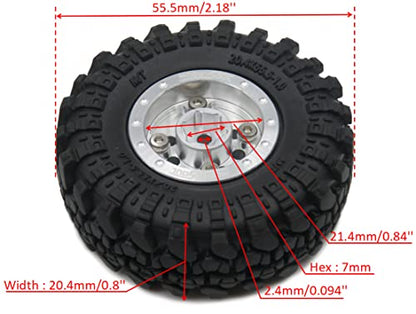 Adjustable Offset RC 1.0 Wheels and Tires, 1/24 Tires & Heavy 1.0 Beadlock Wheels Silver for 1:24 RC Crawler Axial SCX24 Upgrade & Other 1/24 Crawler Truck,(4-Pack, Assembled) - color: Silver