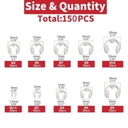 150Pcs E-Clip External Retaining Rings Snap Rings Assortment Set, 304 Stainless Steel C-Clip Kit, 10 SAE Sizes Circlip Snap Rings M1.5- M10 - size: 150pcs C-clip stainless steels