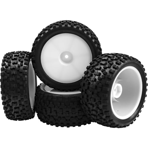 4Pack HIRCQOO OD 88mm/3.46" Front and Rear Rubber Tire Tyre & Plastic Wheel Rims 12mm Hex Hub Compatible with Redcat HPI HSP ExceedRC Kyosho Losi 1/10 Scale Off Road Buggy (White) - color: White