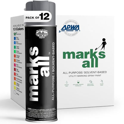 Fox Valley 18oz Marks All Solvent-Based Marking Paint Spray, 12-Pack Aluminum – Long-Lasting, Weather-Resistant Spray Paint for Wet or Dry Surfaces Like Metal, Grass, Concrete, Wood, & More - color: Aluminum
